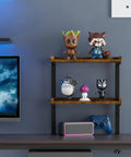 Dope Clamp On Desk Shelf Two Tier Wood Setup For Office Desk And Gaming Accessories 12.5 Inch Tabletop Book Storage Rack Top And Under Desk Organizer No Drill Brown Finish with figurines