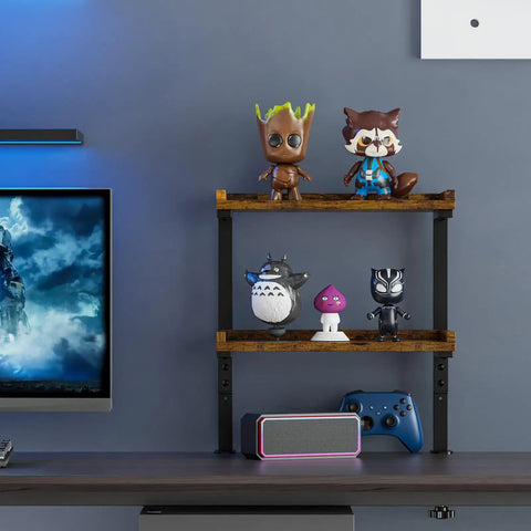 Dope Clamp On Desk Shelf Two Tier Wood Setup For Office Desk And Gaming Accessories 12.5 Inch Tabletop Book Storage Rack Top And Under Desk Organizer No Drill Brown Finish with figurines