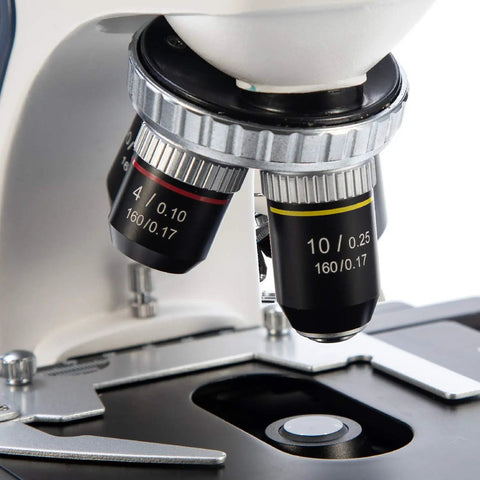Close-up of lens on Trinocular Compound Microscope For Education And Research With 40X To 2500X Magnification, Siedentopf Head