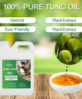 Hella Pure Tung Oil In A Massive 135 Oz Jug for 100 Percent Natural Wood Finish with green plant extract background.