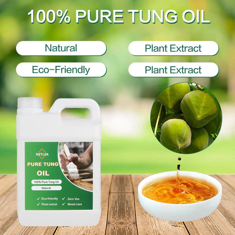 Hella Pure Tung Oil In A Massive 135 Oz Jug for 100 Percent Natural Wood Finish with green plant extract background.