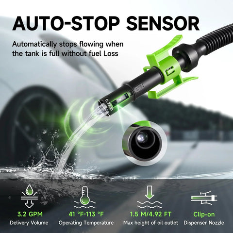 Image of Fuel Transfer Pump With Auto Stop Sensor 3.2 GPM Portable Gas Can Pump with hose and nozzle.