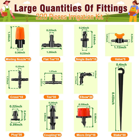 All In One 220 Piece Drip Irrigation Fittings Kit For One Quarter Inch Tubing With Misting Nozzles and Components