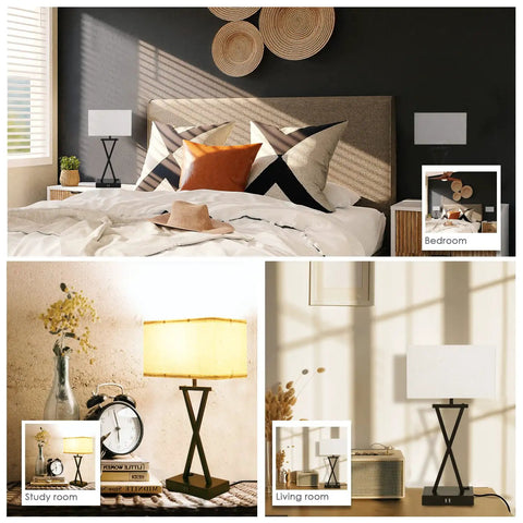 Set Of 2 Modern Table Lamps With 3 Way Dimmable Touch Control, Built In USB Ports And Outlet in bedroom, study, and living room