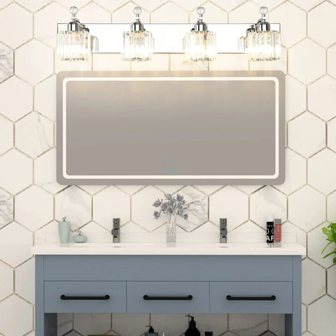 Chrome 4 Light Crystal Vanity Light Over Mirror With Dimmable E26 Sockets Modern Bathroom Lighting Upgrade Your Bath With Crystal Shine Glam Up Your Space Bulbs Not Included installed above a bathroom mirror.