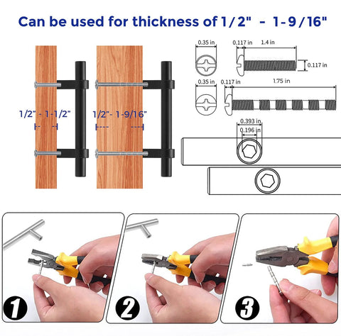 Diagram of installation steps for 30 Pack Matte Black 5 Inch Cabinet Pulls With Square Base and measurement details.