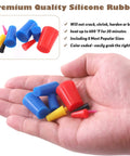 Hand holding silicone plugs from All In One 105Pcs Powder Coating Plug Kit with Heat Resistant Silicone Rubber Tapered Plugs and PET Masking Tape.