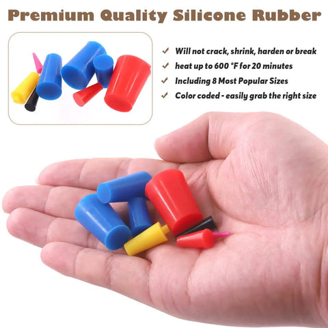 Hand holding silicone plugs from All In One 105Pcs Powder Coating Plug Kit with Heat Resistant Silicone Rubber Tapered Plugs and PET Masking Tape.