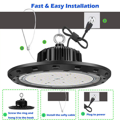 240W LED High Bay Light UFO Ceiling Lamp 36000LM UL DLC Certified IP65 Waterproof with step-by-step installation guide