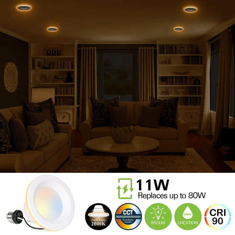 Living room with 12 Pack 4 Inch 5CCT LED Can Lights With Night Light CRI90 850lm 11W 80W Equivalent Baffle Trim.