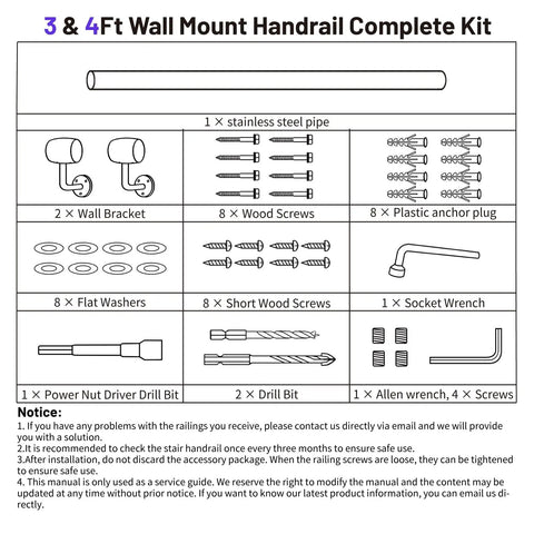 Heavy Duty 3 Ft Industrial Metal Handrail Kit Featuring Solid 304 Stainless Steel Wall Mount Grab Bar For Indoor Outdoor Stairs And Ladders Including Complete Mounting Hardware instruction manual.