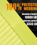Yellow 100% polyester webbing details of Four Pack 2 Inch By 27 Foot Heavy Duty Ratchet Straps With Aluminum Handle And Double J Hooks.