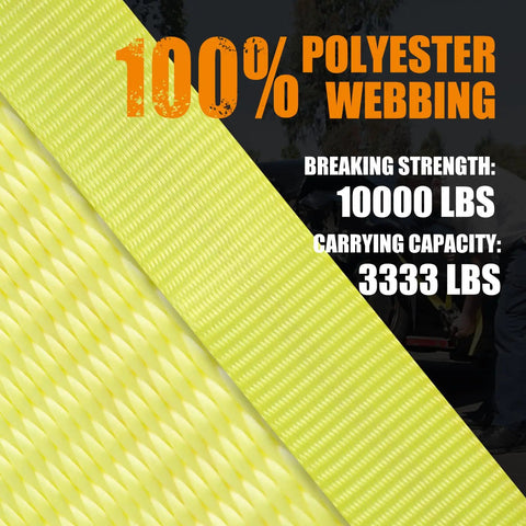 Yellow 100% polyester webbing details of Four Pack 2 Inch By 27 Foot Heavy Duty Ratchet Straps With Aluminum Handle And Double J Hooks.