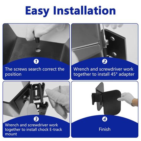 Step-by-step installation of E Track Wheel Chock Set For E Track System Wall Mount 4 Pack Fits Motorcycle Dirt Bike Bicycle Enclosed Trailer Garage Tires
