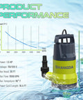 Heavy Hitter Submersible Sump Pump For Smooth Heavy Duty Water Draining Up To 5500 Gph And Thirty Five Feet Vertical Lift With Durable Corrosion Resistant Thermoplastic Housing, performance details and measurements.