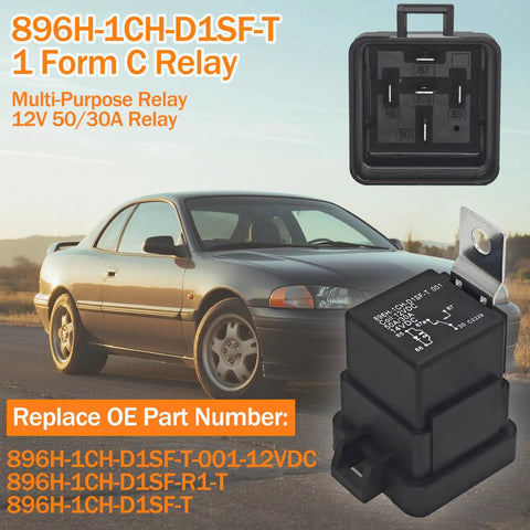 896H-1CH-D1SF-T 1 Form C Relay for automotive use shown with car background and relay specifications.