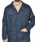 Flame Resistant Medical Lab Coat With Concealed Snap Front Adjustable Hem Snap Closure And Four Pockets For Tools Navy Color X Large US Size Durable FR Workwear For Hospital Clinic And Lab Environments