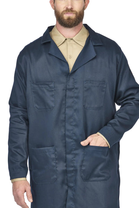 Flame Resistant Medical Lab Coat With Concealed Snap Front Adjustable Hem Snap Closure And Four Pockets For Tools Navy Color X Large US Size Durable FR Workwear For Hospital Clinic And Lab Environments