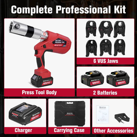 Cordless Copper Pipe Press Tool Kit With Six VUS Jaws For One Half To Two Inch Fittings, 32 kN Press Force, Brushless Motor