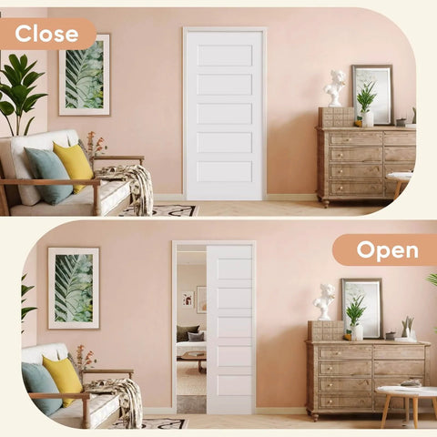 36 By 80 Inch Sliding Pocket Door Kit With Track Hardware And Frame, White Paintable Door Slab Included, shown closed and open