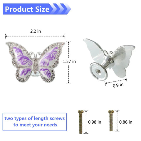 Butterfly Cabinet Knobs Set For Cabinets And Drawers With Single Hole Pulls Enamel Crystal Edge Zinc Alloy Hardware In Purple 6 Pack Dope Decorative Door Wardrobe Cupboard Furniture Handles For Bedroom And Living Room. 2.2 in butterfly knob, 0.9 in depth