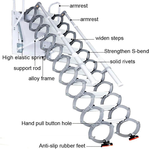 Close-up of Heavy Duty Electric Telescoping Ladder With Retractable Folding Attic Stairs featuring alloy frame and anti-slip rubber feet.
