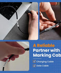 Rock Solid Heavy Duty Heat Shrink Cable Markers 3 Pack Flame Retardant Polyolefin Wire Labels applied to charging and data cables.