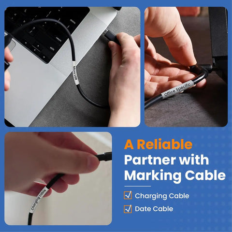 Rock Solid Heavy Duty Heat Shrink Cable Markers 3 Pack Flame Retardant Polyolefin Wire Labels applied to charging and data cables.