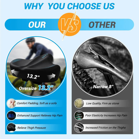 Ultra Wide Oversized Bike Seat Cushion With Comfy Memory Foam For Men And Women Waterproof Universal Saddle Upgrade For Road Mountain City Bikes Ride All Day Pain Free 13.2-inch oversized saddle