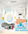 12 Pack 4 Inch Ultra Thin LED Recessed Lighting Kit With 5 CCTs Selectable 2700K 3000K 3500K 4000K 5000K Dimmable 9W 630LM IC Rated Canless Slim Panel With Junction Box White Trim ETL displayed in a bathroom setting, suitable for wet locations