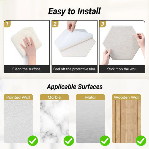 Installation steps for 12 Pack High Density Hexagon Acoustic Panels For Serious Noise Reduction With 0.9 NRC Peel And Stick Wall Decor