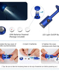 Blue four-claw grabber reacher with LED light; on/off button and battery compartment visible