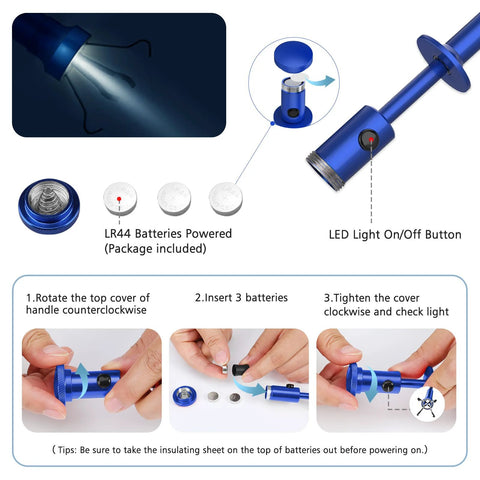 Blue four-claw grabber reacher with LED light; on/off button and battery compartment visible