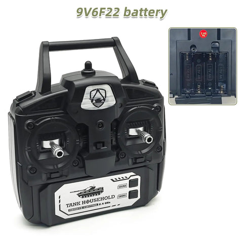 Remote Control Battle Tank 15 Channel 2.4GHz RC Tank controller showing battery compartment with 9V6F22 battery label.