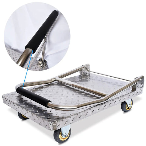 Beefy Heavy Duty Stainless Steel Hand Cart Platform Cart With Foldable Handle And Silent Rotating Wheels For Smooth Stable Hauling Of Big Loads On Any Job Site Home Garage Warehouse Or Shop Floor Built Tough For Long Lasting Use. Stainless steel platform cart with foldable handle and wheels