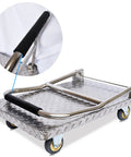 Heavy Duty Steel Platform Truck Cart With Foldable Handle And Silent Swivel Wheels showing foldable handle and steel deck.