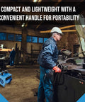 Industrial Air Mover 300 CFM With 3 Speed Settings, compact fan with handle, positioned in an industrial workshop scene