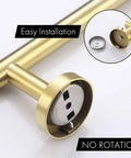 Close-up of Brushed Gold Stainless Steel Bathroom Hardware Set With Toilet Paper Holder, Towel Bar, Hand Towel Rail And Robe Hook, SUS 304 Wall Mount base.
