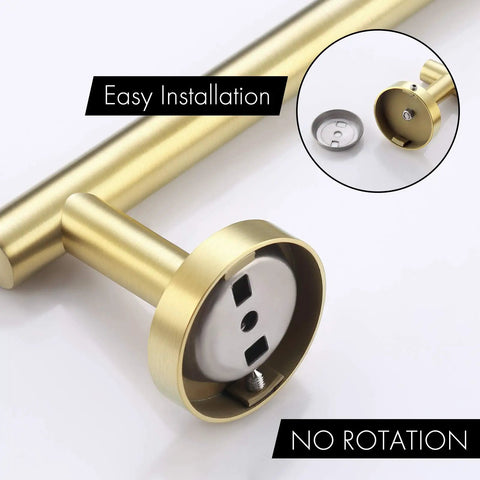 Close-up of Brushed Gold Stainless Steel Bathroom Hardware Set With Toilet Paper Holder, Towel Bar, Hand Towel Rail And Robe Hook, SUS 304 Wall Mount base.