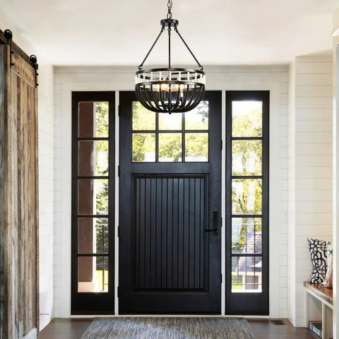 Boho Beaded Chandelier With Five Lights 16 Inch Black and White Modern Wood Bead Pendant in foyer, black door backdrop