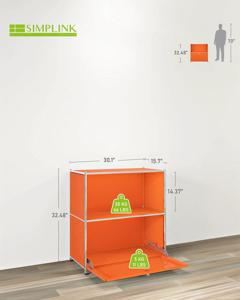 Side view of 32.5-Inch Flip-Top Side Table With Detachable Wheels, Big Storage Space showing dimensions in bright orange.