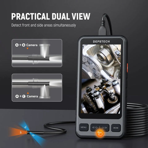 5 Inch IPS Screen Borescope With Light For Split Screen View 1080P HD Sewer Inspection Camera on dual-view display for engine and pipe inspection