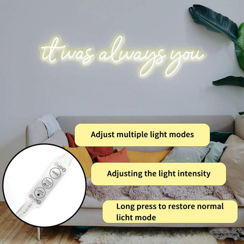 It Was Always You Neon Sign 36 Inch White Neon Night Light Dimmable Wall Decor above couch with greenery