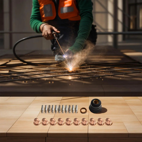 Premium Plasma Cutter Consumables Kit With Replacement Electrodes And Nozzles For S45 Cut55 Pt40 Pt60 Torch Parts used in metal cutting.