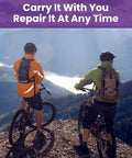 Two cyclists on a mountain trail promote the 2 Pack Aluminum Alloy Fork Cap Wrench Set For Bikes Front Suspension Cap Tool.