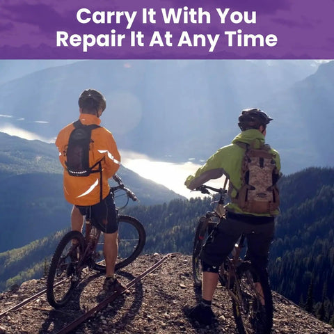 Two cyclists on a mountain trail promote the 2 Pack Aluminum Alloy Fork Cap Wrench Set For Bikes Front Suspension Cap Tool.