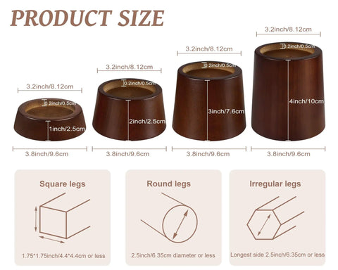 Premium Solid Wood Bed Risers Set Of 4 size guide image showing different sizes and shapes for furniture legs support.