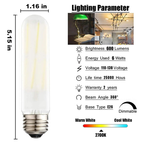 Dimmable 6W Tubular LED Bulbs 60W Equivalent, 2700K Warm White, 600 Lumens, Frosted Finish, E26 Medium Base, size 5.15 in