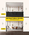 Mega Wide 118 Inch Retractable Baby Gate With Mesh Panels For Indoor Outdoor Use, shown opened and closed in living room.