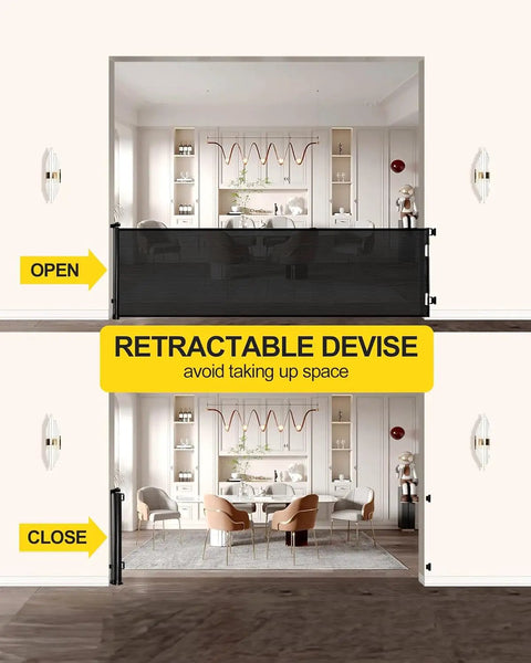 Mega Wide 118 Inch Retractable Baby Gate With Mesh Panels For Indoor Outdoor Use, shown opened and closed in living room.